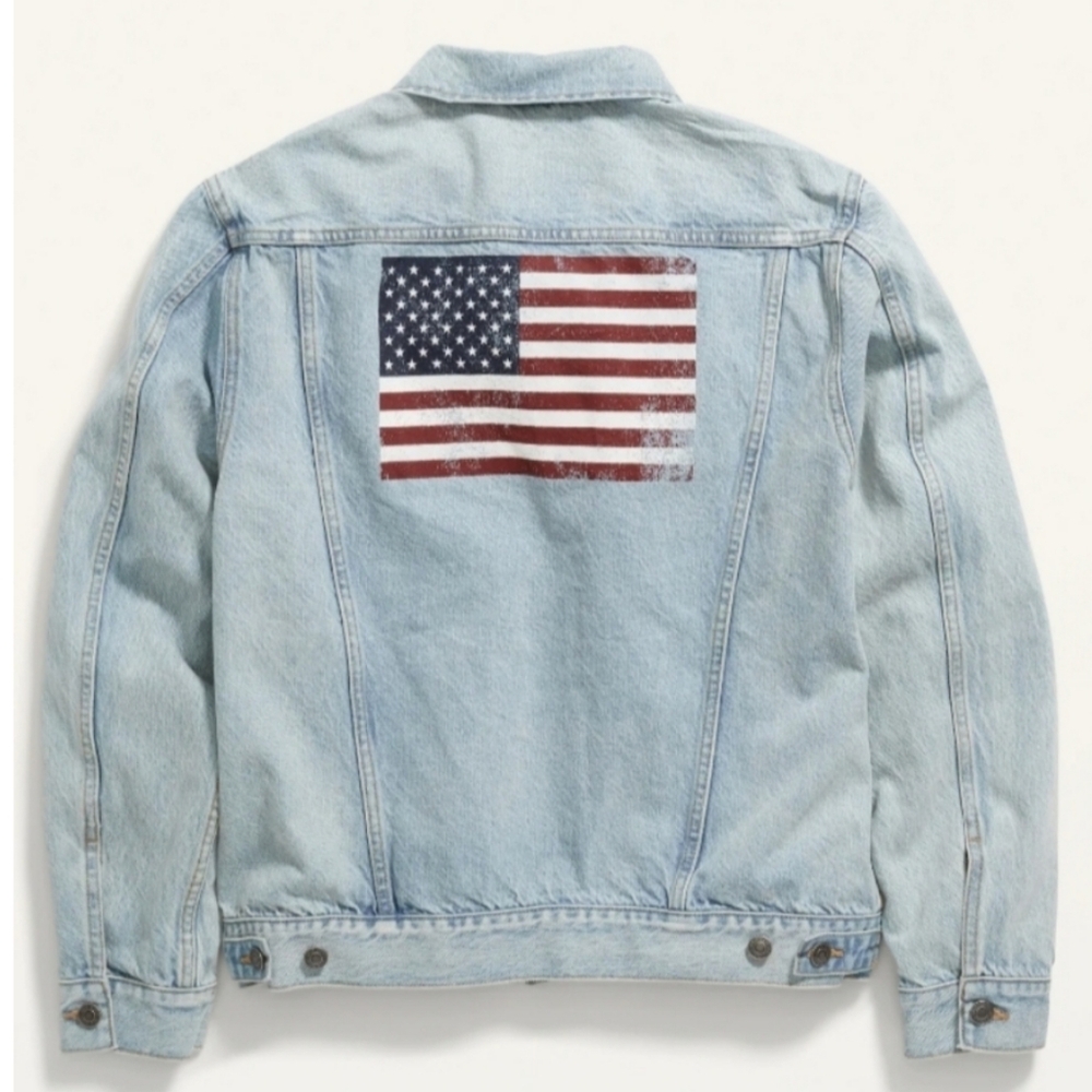 Old Navy Iconic American Flag Graphic Light Wash Unisex Jean Jacket